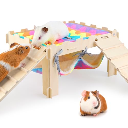 Meerschweinchenversteck mit Hängematte, weiche Meerschweinchen-Hängematte aus Holz mit Treppe, großes Meerschweinchen-Spielzeug, passend für Meerschweinchenkäfige, langlebiges Meerschweinchen-Zubehör von Unicorn Catcher