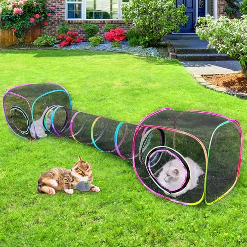 Outdoor Katzengehege Tragbarer Katzentunnel mit Tragetasche Atmungsaktives Katzenzelt Outdoor mit 2 Mausspielzeugen Außen Katzengehege für Indoor Katzen (2 Würfel + Run Tunnel) von Unicorn Catcher