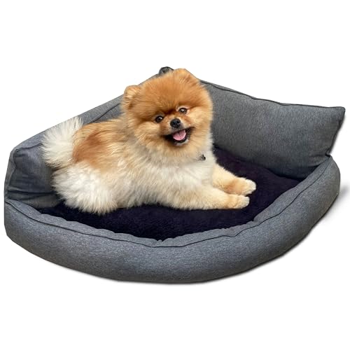 Unikatshouse Eck Hundebett für kleine Hunde - Plüsch Hundesofa & Ergonomisches Hundekissen - Flauschiger Hundekorb, Bequemes Ecksofa, Hundekörbchen in Grau von Unikatshouse