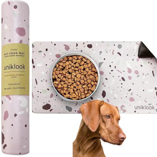 Uniklook Futtermatte für Hunde, Katzen, umweltfreundlich, ungiftig, wasserdicht, leicht zu reinigen, perfekt für Napf / Wasser, trendiges Design (43,2 x 76,2 cm) (Terrazzo Rose) von Uniklook