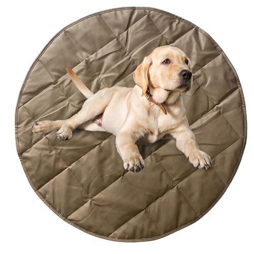 Uniklook Hundebett aus veganem Leder, tragbar, rund, gesteppt, großes Haustierbett, schlankes, modernes Design, wasserdicht, leicht zu reinigen, 89 cm, Hellbraun, Grau von Uniklook