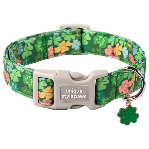 St. Patrick's Hundehalsband, Kleeblatt, verstellbares Baumwollhalsband mit Schnellverschluss-Schnalle aus Kunststoff, für große, mittelgroße und kleine Hunde, Unique style paws Grün von Unique style paws