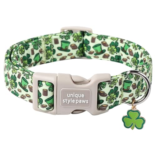 St. Patrick's Hundehalsband, Kleeblatt, verstellbares Baumwollhalsband mit Schnellverschluss-Schnalle aus Kunststoff, für große, mittelgroße und kleine Hunde, Unique style paws Grün von Unique style paws