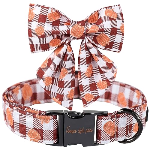 Unique Style Paws Baumwolle Hundehalsband mit Schleife Halloween Kürbis Plaid Hundehalsband mit Fliege für Kleine Mittlere Große Hunde Haustiere Geschenke von Unique style paws