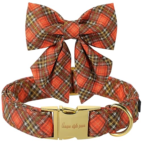 Unique Style Paws Baumwolle Hundehalsband mit Schleife Halloween Kürbis Plaid Hundehalsband mit Fliege für Kleine Mittlere Große Hunde Haustiere Geschenke von Unique style paws