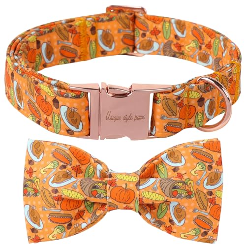 Unique Style Paws Hundehalsband mit Schleife, orangefarbenes Hundehalsband mit Thanksgiving-Elementen, zartes Geschenk für Halloween, universelle Passform für kleine, mittelgroße und große von Unique style paws