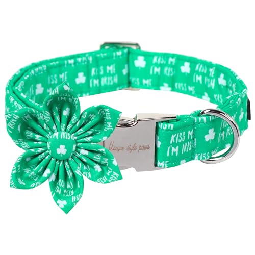 Unique Style Paws St. Patrick's Day Hundehalsband mit Schleife, grünes Kleeblatt, Hundehalsband mit Blume, Fliege für große, mittelgroße und kleine Hunde von Unique style paws