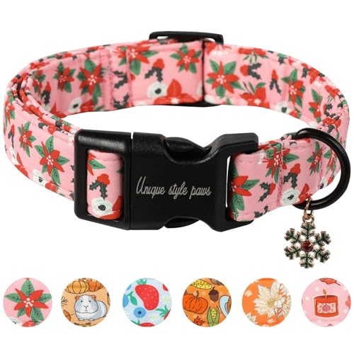 Unique Style Paws Weihnachts-Hundehalsband, niedliches rosa Haustierhalsband, rotes Blumenmuster, mit leichter Kunststoffschnalle, schönes Haustiergeschenk für Urlaub, geeignet für kleine, mittelgroße von Unique style paws