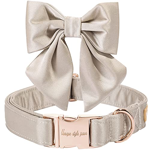 Unique style paws Seide Champagner Farbe Hundehalsband Verstellbares strapazierfähiges Hundehalsband mit Schleife Hochzeit Fliege Hundehalsband für X-Large Hunde von Unique style paws