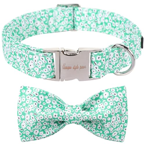 Unique style paws Sommer-Hundehalsband mit Fliege, Welpenhalsband, Geschirre und Leinen für Hunde, britische Fliege, weich, verstellbar, grün-weiße Blumen, bequemes Halsband, Haustiergeschenk für von Unique style paws