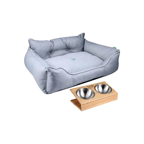 Haustierbett | Farbe Grau | Maße 50 x 40 x 18 cm | ergonomisches Bett für mittelgroße Hunde | maschinenwaschbarer Bezug | und Futternapf aus Edelstahl und Halterung aus Bambus von United Colors of Benetton