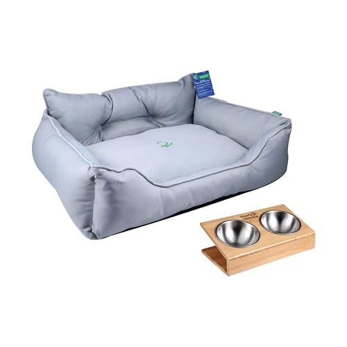 Haustierbett | Farbe Grau | Maße 65 x 50 x 20 cm | ergonomisches Bett für mittelgroße Hunde | maschinenwaschbarer Bezug | und Futternapf aus Edelstahl und Halterung aus Bambus von United Colors of Benetton