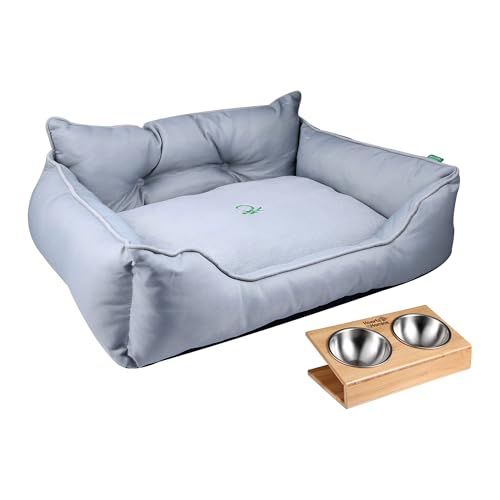 Haustierbett | Farbe Grau | Maße 75 x 60 x 25 cm | ergonomisches Bett für mittelgroße Hunde | maschinenwaschbarer Bezug | und Futternapf aus Edelstahl und Halterung aus Bambus von United Colors of Benetton