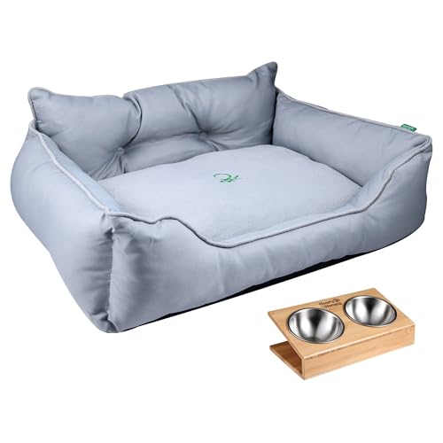 Haustierbett | Farbe Grau | Maße 90 x 70 x 28 cm | ergonomisches Bett für mittelgroße Hunde | maschinenwaschbarer Bezug | und Futternapf aus Edelstahl und Halterung aus Bambus von United Colors of Benetton