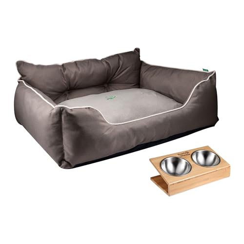 Haustierbett | Farbe: Braun | Maße 75 x 60 x 25 cm | ergonomisches Bett für mittelgroße Hunde | maschinenwaschbarer Bezug | und Futternapf aus Edelstahl und Halterung aus Bambus von United Colors of Benetton