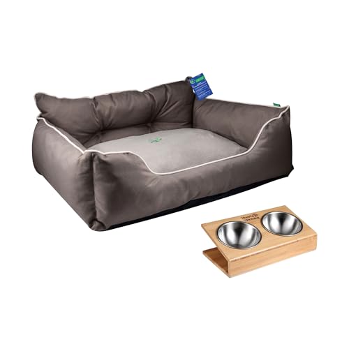 United Colors of Benetton Haustierbett | Braun | Maße 65 x 50 x 20 cm | ergonomisches Bett für mittelgroße Hunde | maschinenwaschbarer Bezug | und Futternapf aus Edelstahl und Halterung aus Bambus von United Colors of Benetton