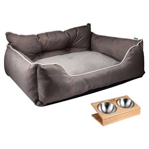 United Colors of Benetton Haustierbett | Braun | Maße 90 x 70 x 28 cm | ergonomisches Bett für mittelgroße Hunde | maschinenwaschbarer Bezug | und Futternapf aus Edelstahl und Halterung aus Bambus von United Colors of Benetton