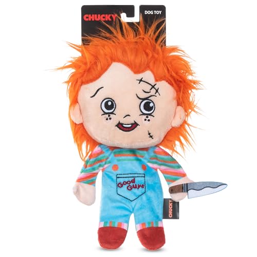 CHUCKY 22,9 cm Plüschspielzeug für Hunde mit Flattie Körper, mittelgroß, quietschendes Hundespielzeug, Hunde-Kauspielzeug mit Quietscher, Horrorfilm-Spielzeug für alle Hunde, offizielles von Universal Studios Horror