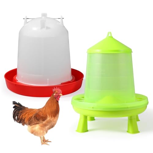 Unovivy Set, 8 kg Futterspender, Futterspender, Futterspender mit Tragegriff, 6,5 l, für Hühner, Enten, Wachteln, Babyküken, Truthähne und mehr, Grün und Rot von Unovivy