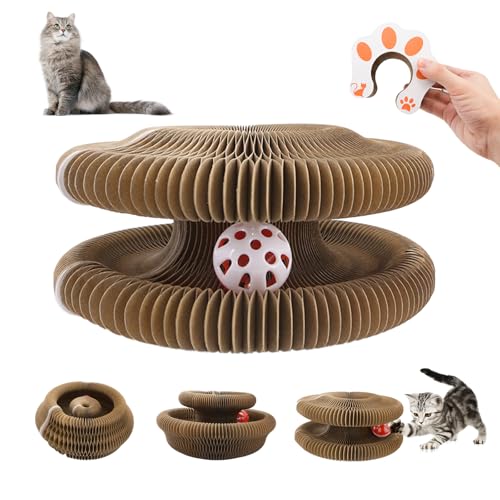 Magnetischer Katzenkratzer mit Glockenball, faltbares Katzenkratzbrett für Katzenspielzeug, verstärkter Karton, Katzenkratzer kann mehrere Formen verwandeln, Katzenspielzeug für Indoor-Katzen von UoQo