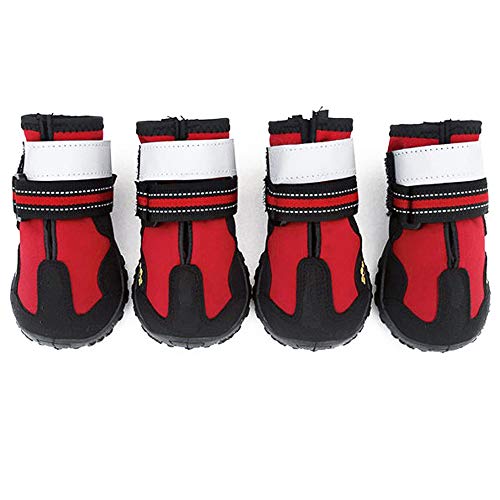 UonlyU Wasserdichte Hundeschuhe, Hundeschuhe, Outdoor-Hundesneaker, Hundepfotenschutz, reflektierende und verstellbare Riemen, robuste Anti-Rutsch-Sohle, 4 Stück (2, rot) von UonlyU