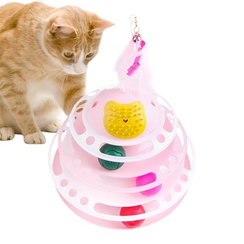 Uoqpty Drehteller-Katzenspielzeug für Hauskatzen, interaktives Katzenspielzeug, Ball-Drehteller | 3-lagiger Katzenturm mit Federn und Bällen | Kätzchenspielzeug, Kugelbahn, Spaßroller, von Uoqpty