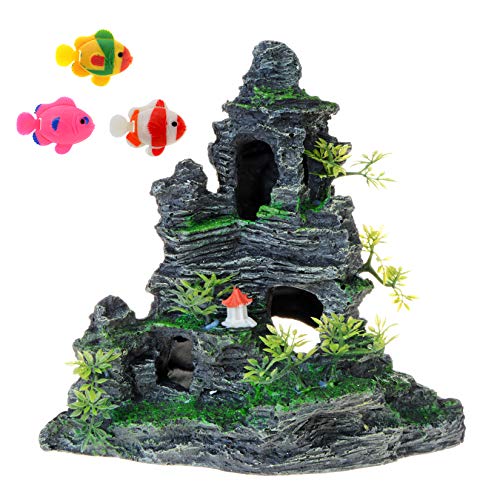 Uotyle Aquarium-Dekoration, Bergblick, Steingärten, Landschaft, Felsversteck Höhle, Steinharz, Baumstamm, Aquarium-Ornament, 1 Stück von Uotyle