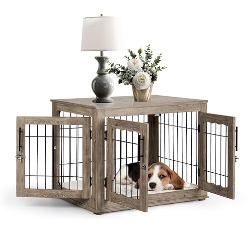 Upolana Hundekäfig mit Kissen, Holztisch mit 2 Schubladen, 3 Türen, Hundehütte, Hundehaus, Hundekäfig, Beistelltisch von Upolana