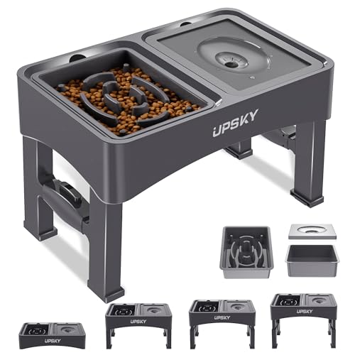 UPSKY 2-in-1 Erhöhte Hundenäpfe Slow Feeder, 4 Höhenverstellbarer Erhöhter Hundenapfständer Kein Verschütten Hund Wassernapf Spender, Rutschfester Hundefutter und Wassernapf für Kleine Mittlere Große von Upsky