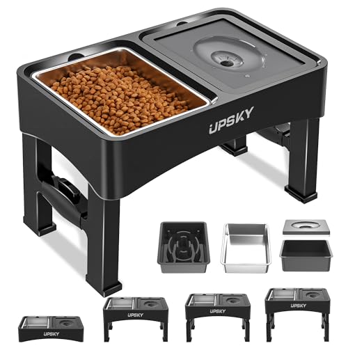 UPSKY 3-in-1 Erhöhte Hundenäpfe Slow Feeder, 4 höhenverstellbarer erhöhter Hundenapfständer, kein Verschütten Hundewassernapf und Edelstahl-Hundefutternapfspender für kleine, mittelgroße und große von Upsky