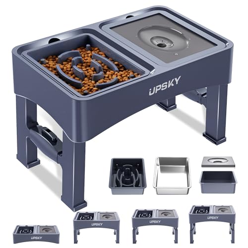 UPSKY 3-in-1 Erhöhte Hundenäpfe Slow Feeder, 4 höhenverstellbarer erhöhter Hundenapfständer kein Verschütten Hund Wassernapf Spender, Edelstahl Hundefutternapf und Wassernapf für kleine mittelgroße von Upsky