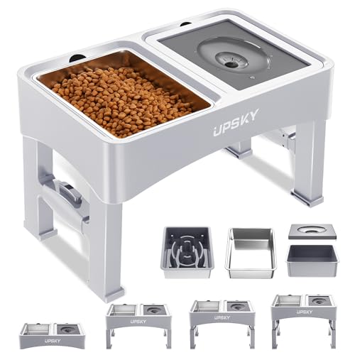 UPSKY 3-in-1 Erhöhte Hundenäpfe Slow Feeder, 4 höhenverstellbarer erhöhter Hundenapfständer kein Verschütten Hund Wassernapf Spender, Edelstahl Hundefutternapf und Wassernapf für kleine mittelgroße von Upsky