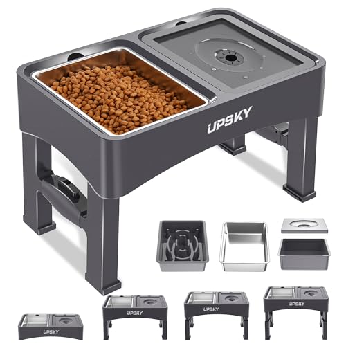 UPSKY 3-in-1 Erhöhte Hundenäpfe Slow Feeder, 4 höhenverstellbarer erhöhter Hundenapfständer kein Verschütten Hund Wassernapf Spender, Edelstahl Hundefutternapf und Wassernapf für kleine mittelgroße von Upsky