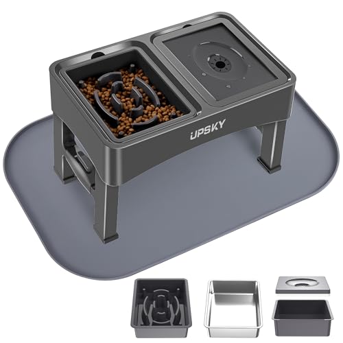 UPSKY 3-in-1 Erhöhte Hundenäpfe Slow Feeder mit Anti-Rutsch-Matte, 4 Höhenverstellbar Erhöhter Hundenapf Ständer Kein Verschütten Hund Wassernapf, Edelstahl Hundefutterschale für Kleine Mittlere von Upsky