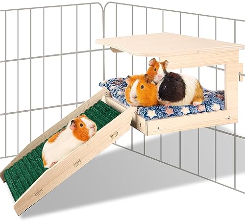 Upspotie Meerschweinchen-Versteck – Naturholz Kleintierhaus Bett mit Treppe und Matte, abnehmbare kleine Haustierhütte Lebensräume für Meerschweinchen, Hamster, Hasen, Chinchillas Käfige von Upspotie