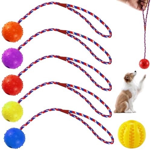 UptVin 6 Stück Hundespielzeug Ball, Hundeball mit Schnur Naturkautschuk Wurfball für Hund Kauen Leckerli Ball für Hunde für Kleine und Große Hunde, mit 1 Futterball von UptVin