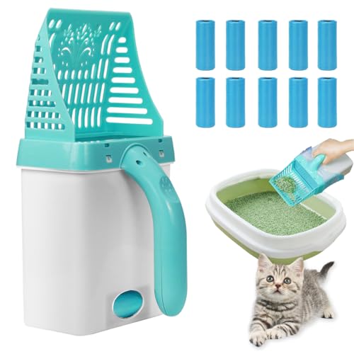 UptVin Katzenstreuschaufel mit Halterung, tragbarer Katzentoilettenschaufel für Katzen, 2-in-1, mit 10 Rollen Müllbeutel (15 Beutel pro Rolle) – Himmelblau von UptVin