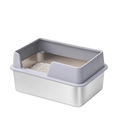 Edelstahl Katzenklo, 50X35x25 Katzenklo Edelstahl,Stainless Steel Litter Box, Spritzwassergeschütztes Großes, Offenes Hochrand Abfallbecken MIT Schaufel (50 * 35 * 20cm,Grau) von UrCreat