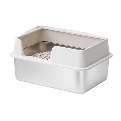 Edelstahl Katzenklo, 50X35x25 Katzenklo Edelstahl,Stainless Steel Litter Box, Spritzwassergeschütztes Großes, Offenes Hochrand Abfallbecken MIT Schaufel (50 * 35 * 25cm,Weiß) von UrCreat