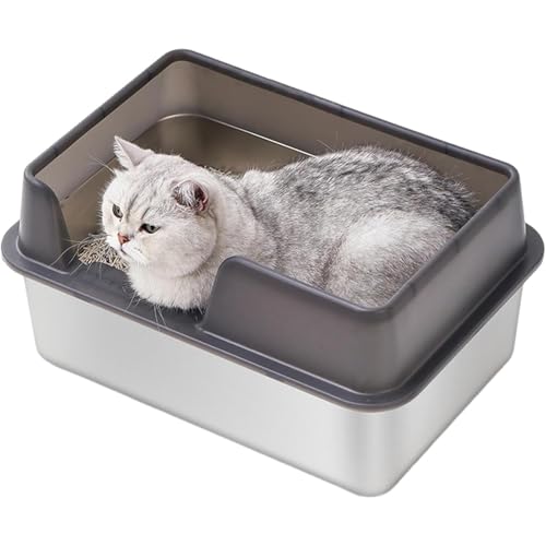 Edelstahl Katzenklo mit einstieg, Oben offen Hohe Seite Stainless Steel Litter Box mit katzenklo Schaufel, Katzentoilette aus Metall für Mehrere Katzen und Große Katzen (50 * 35 * 20cm,Schwarz) von UrCreat