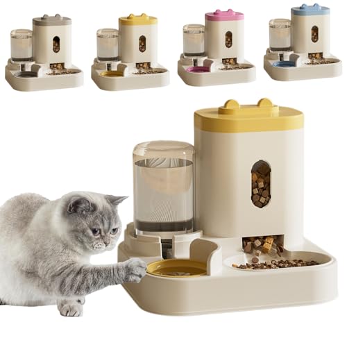 Haustier Automatischer Wasserspender, 2 in 1 Groß Automatischer Trockenfutter Spender Katzen Futterspender, Wasserspender Für Hunde Katze, 2.3L Futterautomaten+1L Tränken Outdoor (Gelb) von UrCreat