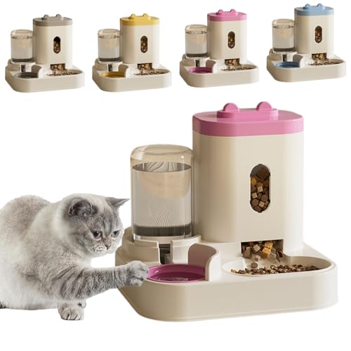 Haustier Automatischer Wasserspender, 2 in 1 Groß Automatischer Trockenfutter Spender Katzen Futterspender, Wasserspender Für Hunde Katze, 2.3L Futterautomaten+1L Tränken Outdoor (Rosa) von UrCreat