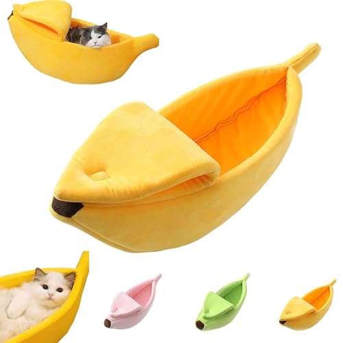 Niedliches Bananen Katzen Bett, Weiches kreative bananenform Bett Haus warm Haustier Bett weich Katze hundehütte Bett versteck höhle für den Winter, warm, rutschfest, maschinenwaschbar (XL,Gelb) von UrCreat