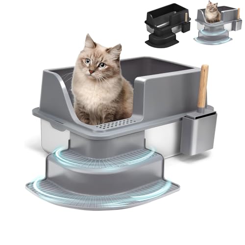 UrCreat Stainless Steel Litter Box with Lid, Metal Litter Box High Sided Anti Leakage, Kitty Litter Box Rust Free Non Sticky, Steel Litter Box with Litter Box Scooper Odor Control (Grau) von UrCreat