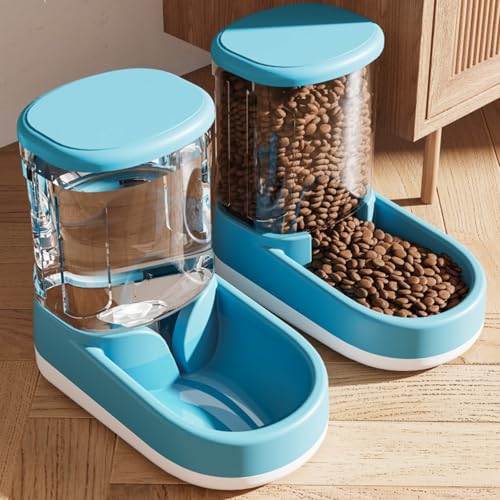 UrCreat Automatischer Futterspender, Automatischer Futterspender Katze, pet Automatic Water Dispenser, 3.8L Futterautomat Katze und 3.8L Wasserspender Hund (Anzug,Blau) von UrCreat