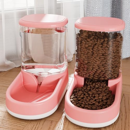 UrCreat Automatischer Futterspender, Automatischer Futterspender Katze, pet Automatic Water Dispenser, 3.8L Futterautomat Katze und 3.8L Wasserspender Hund (Anzug,Rosa) von UrCreat