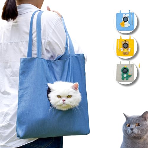 Cat Out Tasche, niedlich, gemütlich, Cartoon, freihändig, Show-Kopf, Katzen-Halter, Schultertasche für Outdoor-Reisen (Denim, groß) von Urnat