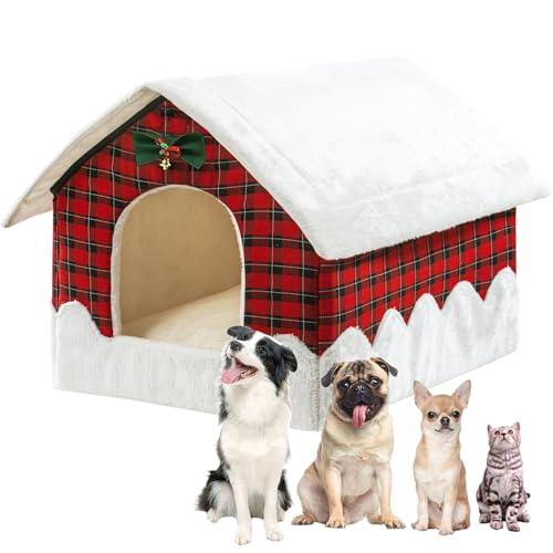 Weihnachts-Hundehütte für kleine und mittelgroße Hunde, warmes Rot, Weihnachts-Hundebetten für Katzen und Hundehütte mit weichem Kissen, Größe M 54,6 x 45,7 x 44,5 cm von Ushang Pet