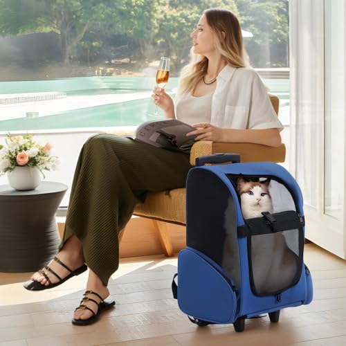 Utaxuper Rolling Pet Carrier mit Teleskopgriff, Doppelräder und Rucksackgurten, Faltbarer Reisebürger- und Katzenträger, Lüftungsnetz, Seitentaschen, Hochleistungs 600D Oxford-Stoff (42x26x55 cm) von Utaxuper