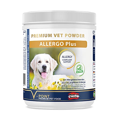 V-POINT ALLERGO Plus für Hunde bei Allergien durch Pollen Gräser Heustaub bei Beschwerden und zur Vorbeugung Premium Kräuterpulver mit Schwarzkümmel Hagebutte Ingwer (250 g) von V-POINT
